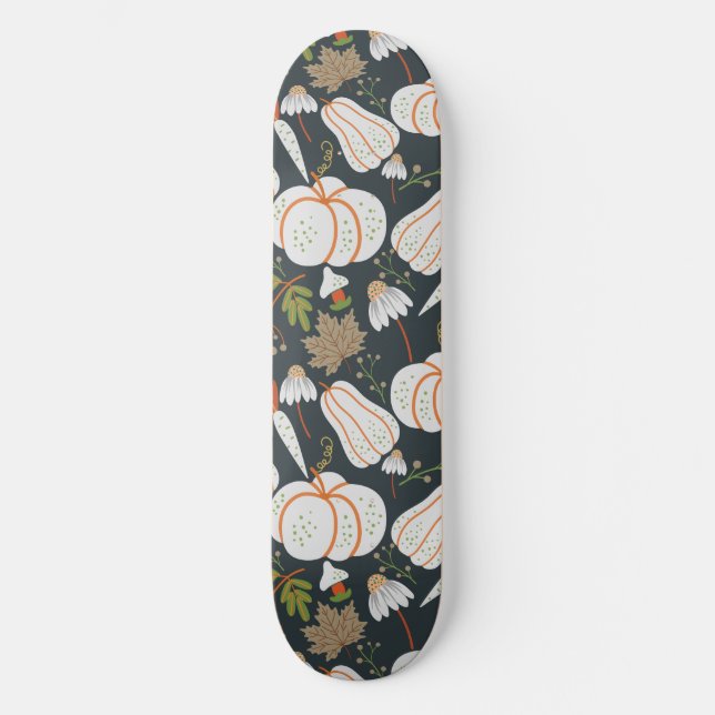 Pumpkin seamless pattern floral black and white skateboard (Front)