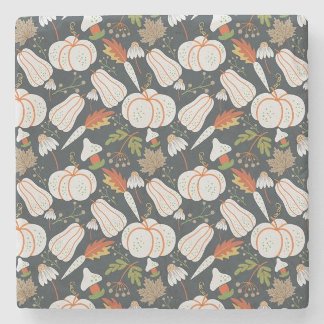 Pumpkin seamless pattern floral black and white stone coaster (Front)