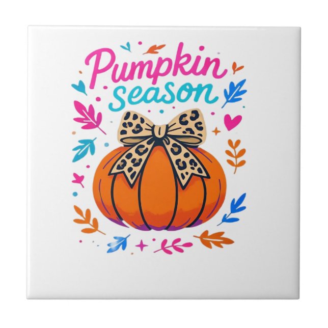 Pumpkin Season Leopard Bow Design � Cute Fall Aest Ceramic Tile (Front)