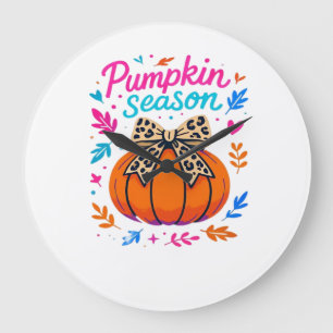 Pumpkin Season Leopard Bow Design � Cute Fall Aest Large Clock