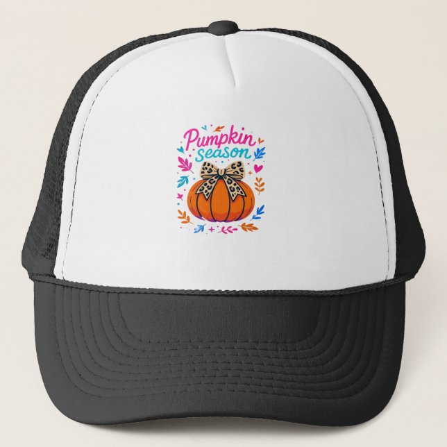 Pumpkin Season Leopard Bow Design � Cute Fall Aest Trucker Hat (Front)