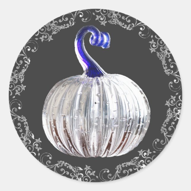 Pumpkin silver glass blue fall elegant  classic round sticker (Front)