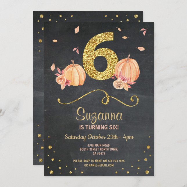 Pumpkin SIX Birthday 6TH Fall Chalk Gold Invite (Front/Back)