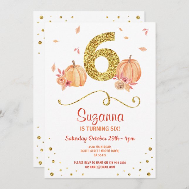 Pumpkin SIX Birthday 6TH Fall Party Gold Invite (Front/Back)