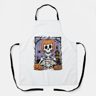 Pumpkin Skeleton Drinking Coffee Apron