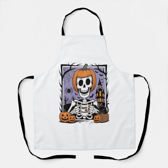 Pumpkin Skeleton Drinking Coffee Apron (Front)