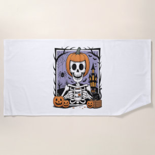 Pumpkin Skeleton Drinking Coffee Beach Towel