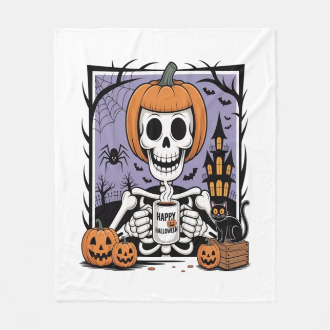 Pumpkin Skeleton Drinking Coffee Fleece Blanket (Front)