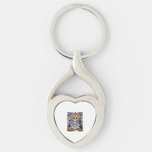 Pumpkin Skeleton Drinking Coffee Key Ring