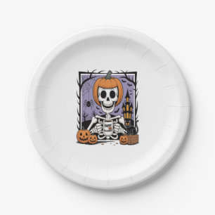 Pumpkin Skeleton Drinking Coffee Paper Plate