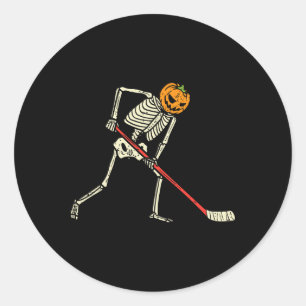 Pumpkin Skeleton Ice Hockey Funny Halloween Sports Classic Round Sticker
