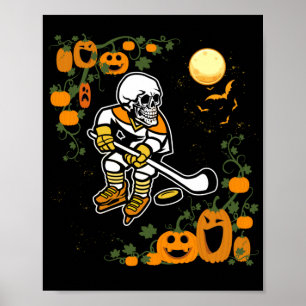 Pumpkin Skeleton Ice Hockey Halloween Sport Player Poster