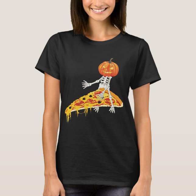 Pumpkin Skeleton Riding Pizza Halloween T-Shirt (Front)