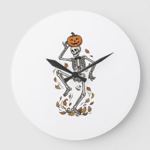 Pumpkin Skeleton Shirt Vintage Dancing Bones Art Large Clock