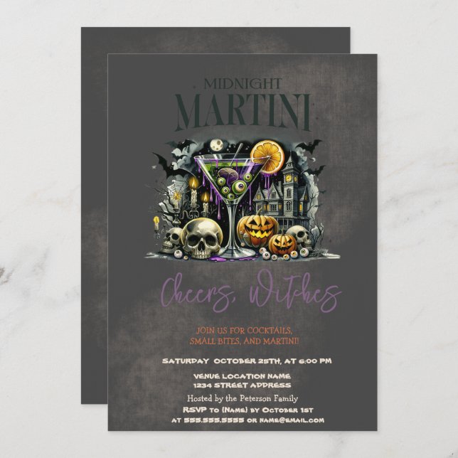 Pumpkin Skeleton Skull Martini Dark Halloween  Invitation (Front/Back)