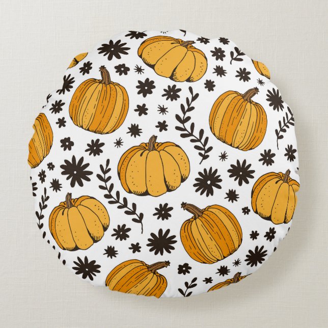 Pumpkin sketches: hand-drawn seamless pattern. round cushion (Front)
