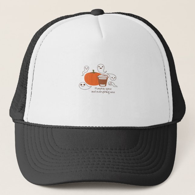Pumpkin Spice And Everything Nice Sloth Halloween Trucker Hat (Front)