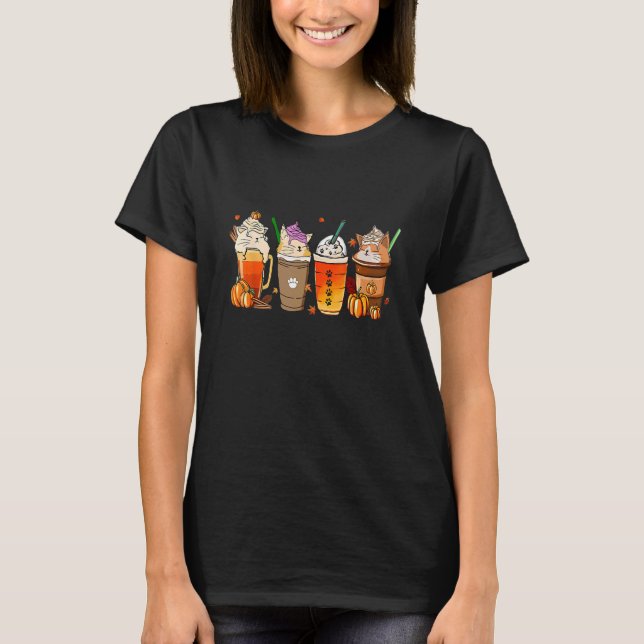 Pumpkin Spice Autumn Cat Drinks T-Shirt (Front)