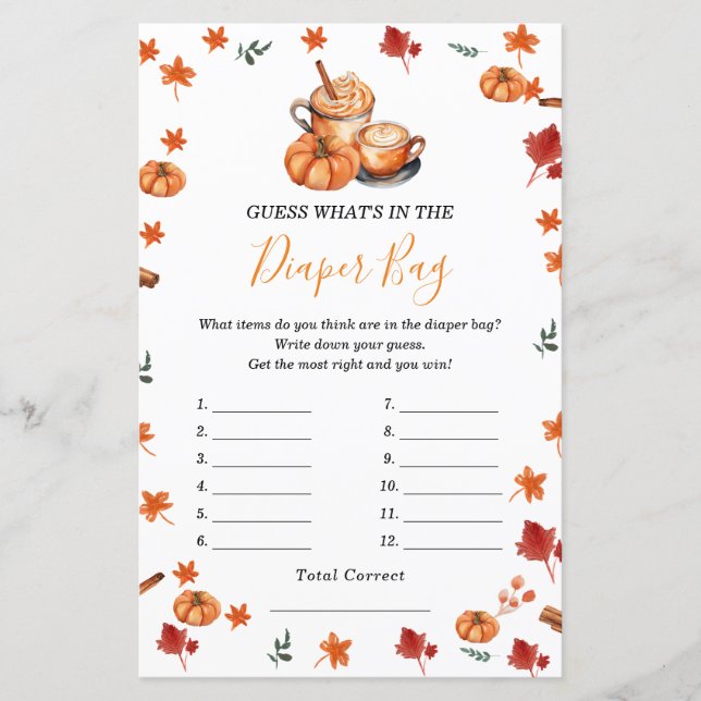 Pumpkin Spice Baby Shower What's in Diaper Bag (Front)