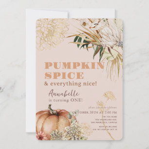 Pumpkin Spice Boho Floral Pink Girl 1st Birthday Invitation