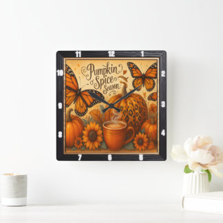 Pumpkin Spice Butterflies Autumn  Square Wall Clock