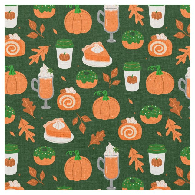 pumpkin spice coffee dark green fabric (Close Up)