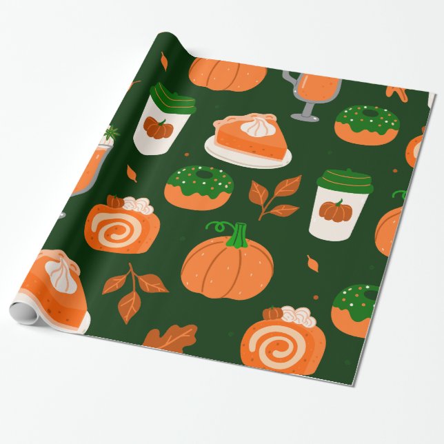 pumpkin spice coffee dark green wrapping paper (Unrolled)