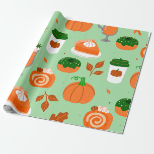 pumpkin spice coffee pastel green wrapping paper