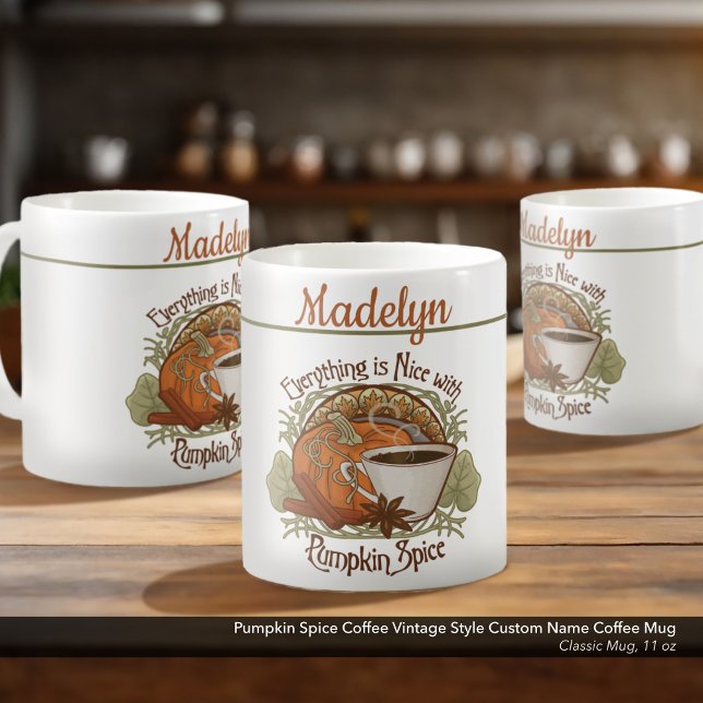 Pumpkin Spice Coffee Vintage Style Custom Name Mug (Pumpkin Spice Coffee Vintage Vibe Classic Mug–Personalized with Your Name–11 oz. Size)