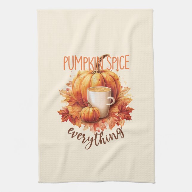 Pumpkin Spice Everything – Latte & Autumn Foliage Tea Towel (Vertical)
