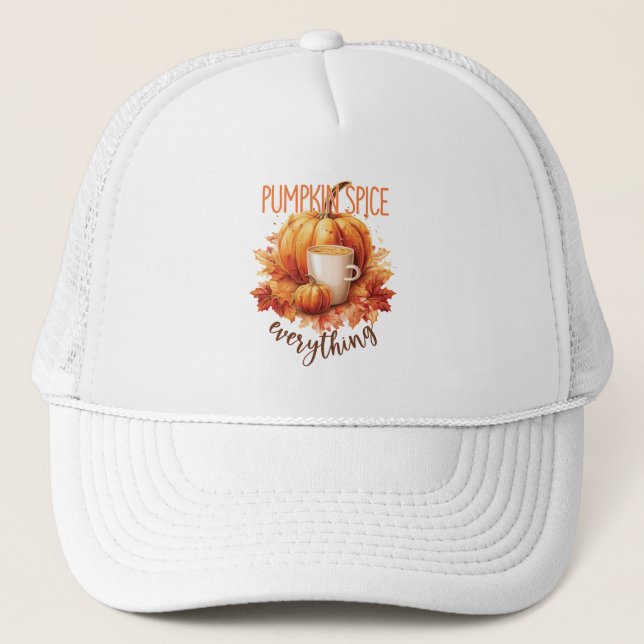 Pumpkin Spice Everything – Latte & Autumn Foliage Trucker Hat (Front)