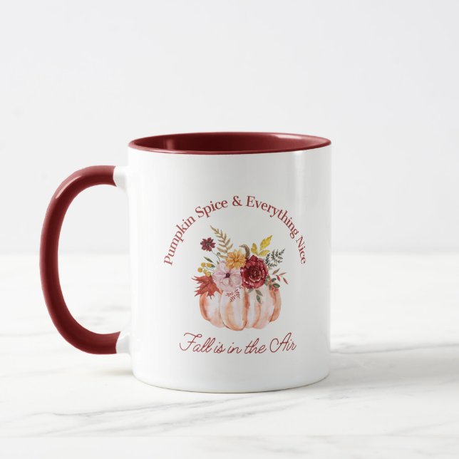 pumpkin spice & everything nice, fall autumn red mug (Left)