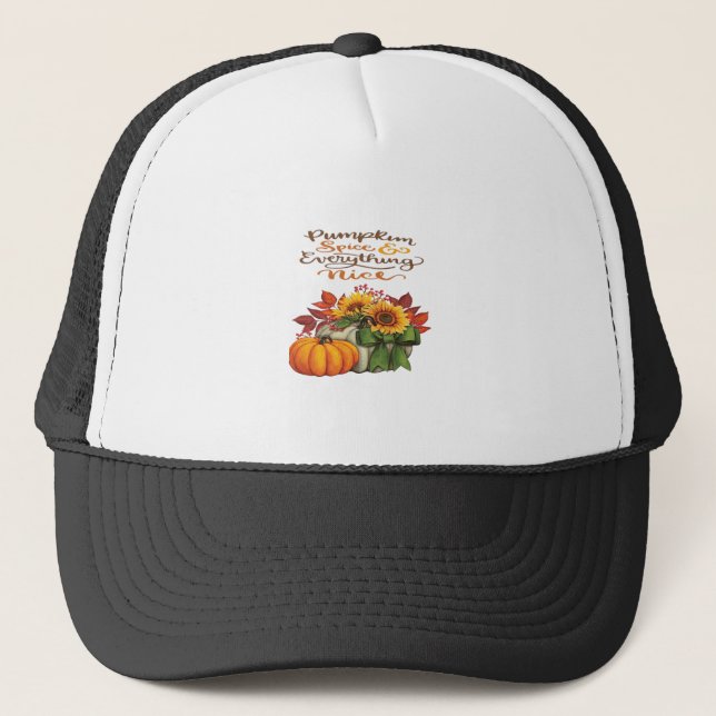 Pumpkin Spice & Everything Nice Slogan Vibes Trucker Hat (Front)