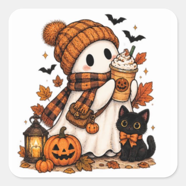 Pumpkin Spice Ghost Cosy Halloween Square Sticker (Front)