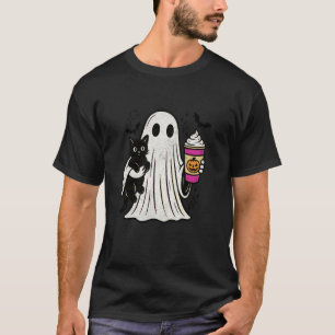Pumpkin Spice Latte Ghost Holding Black Cat Hallow T-Shirt