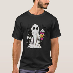 Pumpkin Spice Latte Ghost Holding Black Cat Hallow T-Shirt