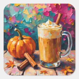 Pumpkin Spice Latte On a Colourful Background Square Sticker