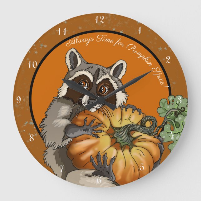 Pumpkin Spice! On a Roll Pumpkin Racoon Large Clock (Front)