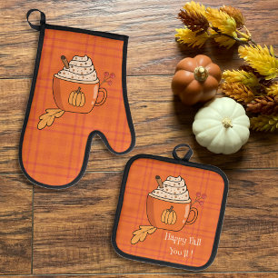 Pumpkin Spice Orange Plaid Pattern  Oven Mitt & Pot Holder Set