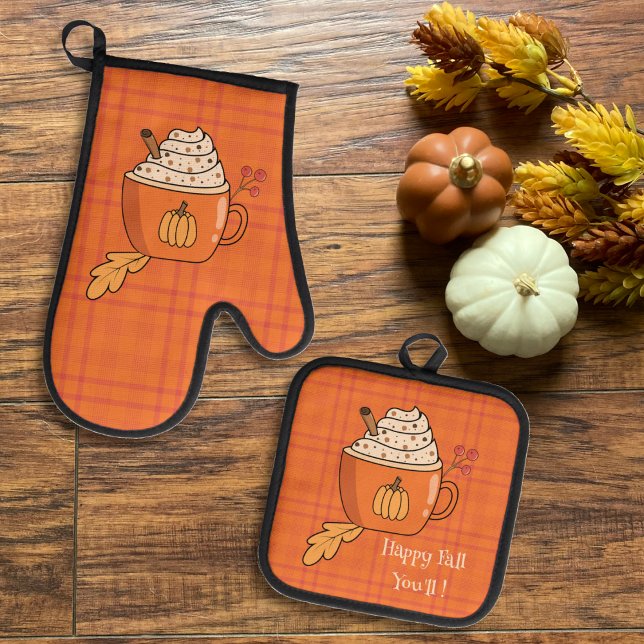 Pumpkin Spice Orange Plaid Pattern  Oven Mitt & Pot Holder Set (Creator Uploaded)