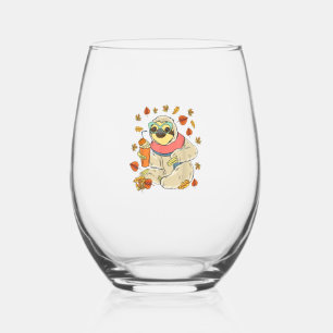 Pumpkin Spice Sloth Fall Leaves Thanksgiving Autum Stemless Wine Glass