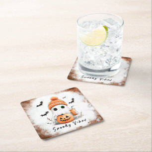 Pumpkin Spice Spooky Vibes Personalised Square Paper Coaster