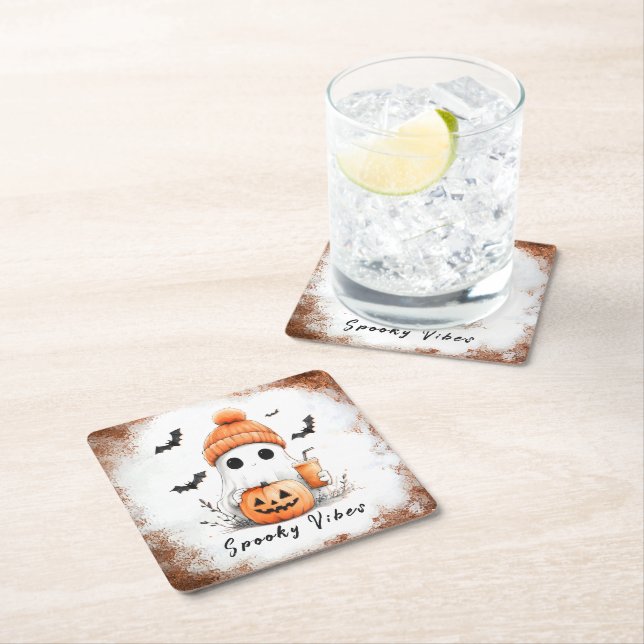 Pumpkin Spice Spooky Vibes Personalised Square Paper Coaster (Insitu)