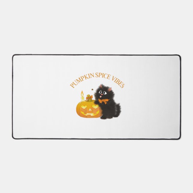 Pumpkin Spice Vibes, Halloween, black cat, pumpkin Desk Mat (Front)