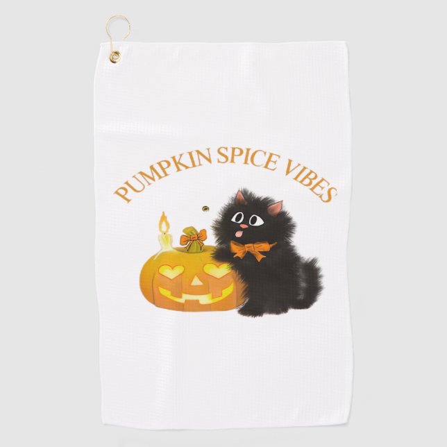 Pumpkin Spice Vibes, Halloween, black cat, pumpkin Golf Towel (Front)