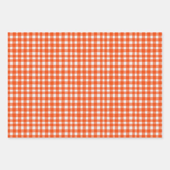 Pumpkin Spice Watercolor Gingham Orange Wrapping Paper Sheet (Front 3)