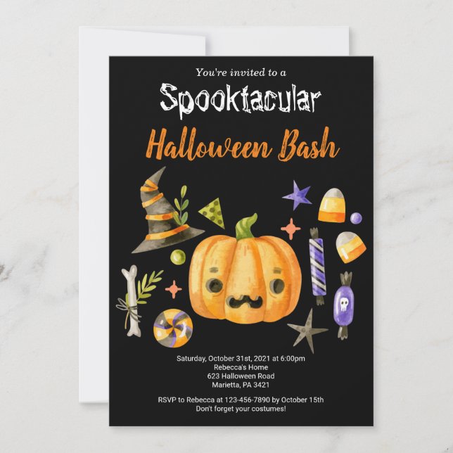 Pumpkin Spooktacular Halloween Bash Party Black Invitation (Front)