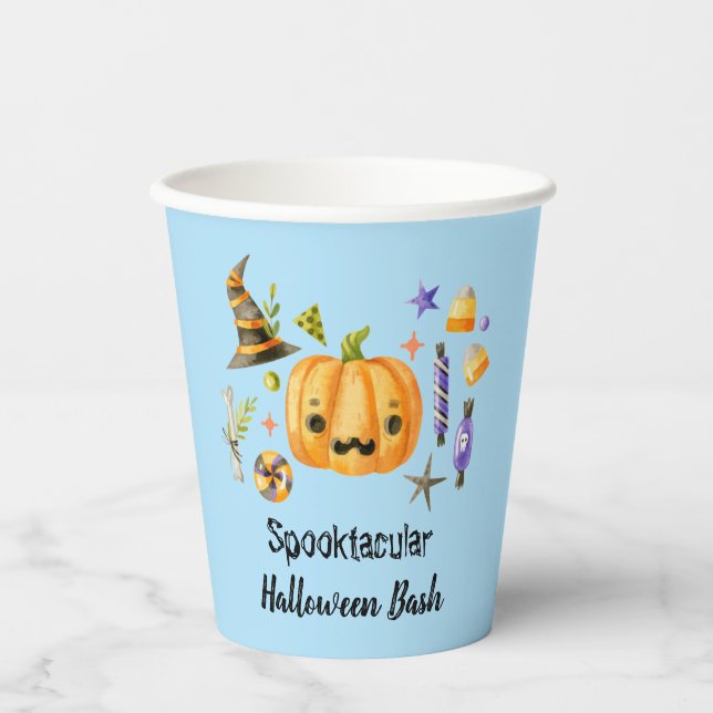 Pumpkin Spooktacular Halloween Bash Party Blue Paper Cups (Front)