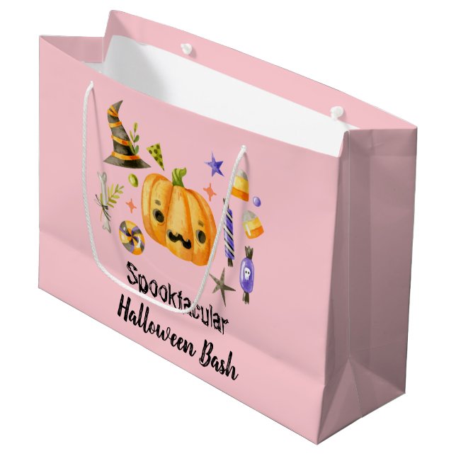 Pumpkin Spooktacular Halloween Bash Party Pink Large Gift Bag (Front Angled)