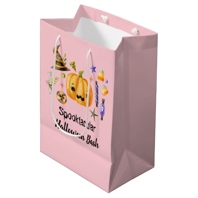 Pumpkin Spooktacular Halloween Bash Party Pink Medium Gift Bag (Front Angled)
